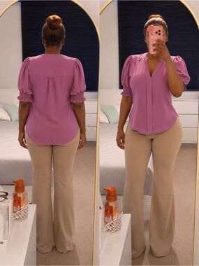 Women's Puff-Sleeve V-Neck Blouse in Mauve